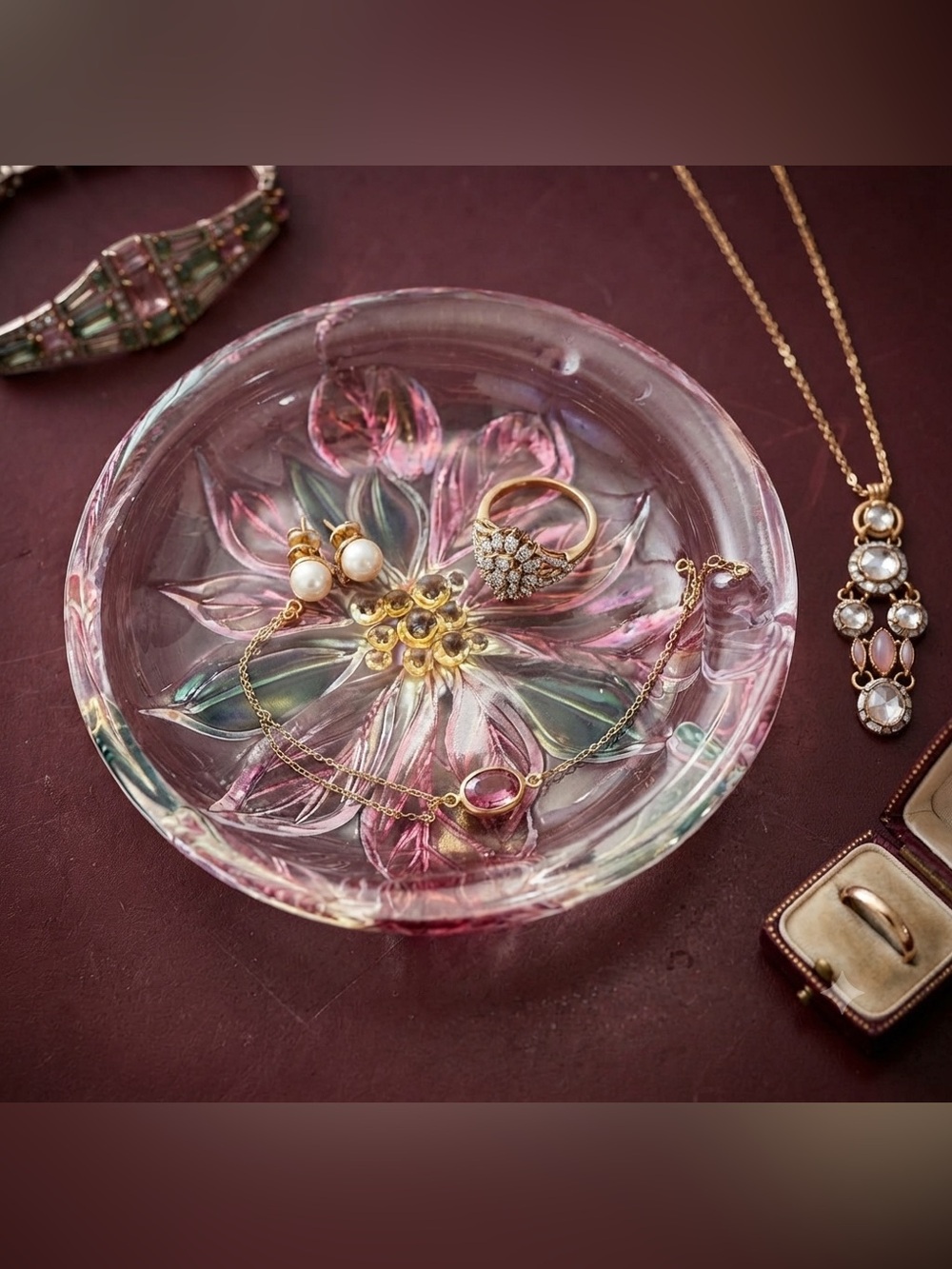 Mikasa Pink Poinsettia Candy Trinket Dish Christmas Decor Round Glass 5"